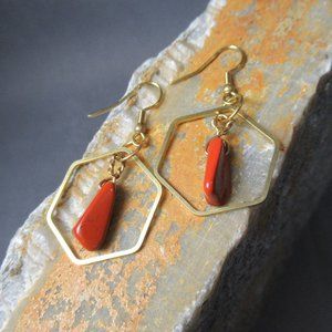 Red Jasper Earrings, Natural Jasper in Brass